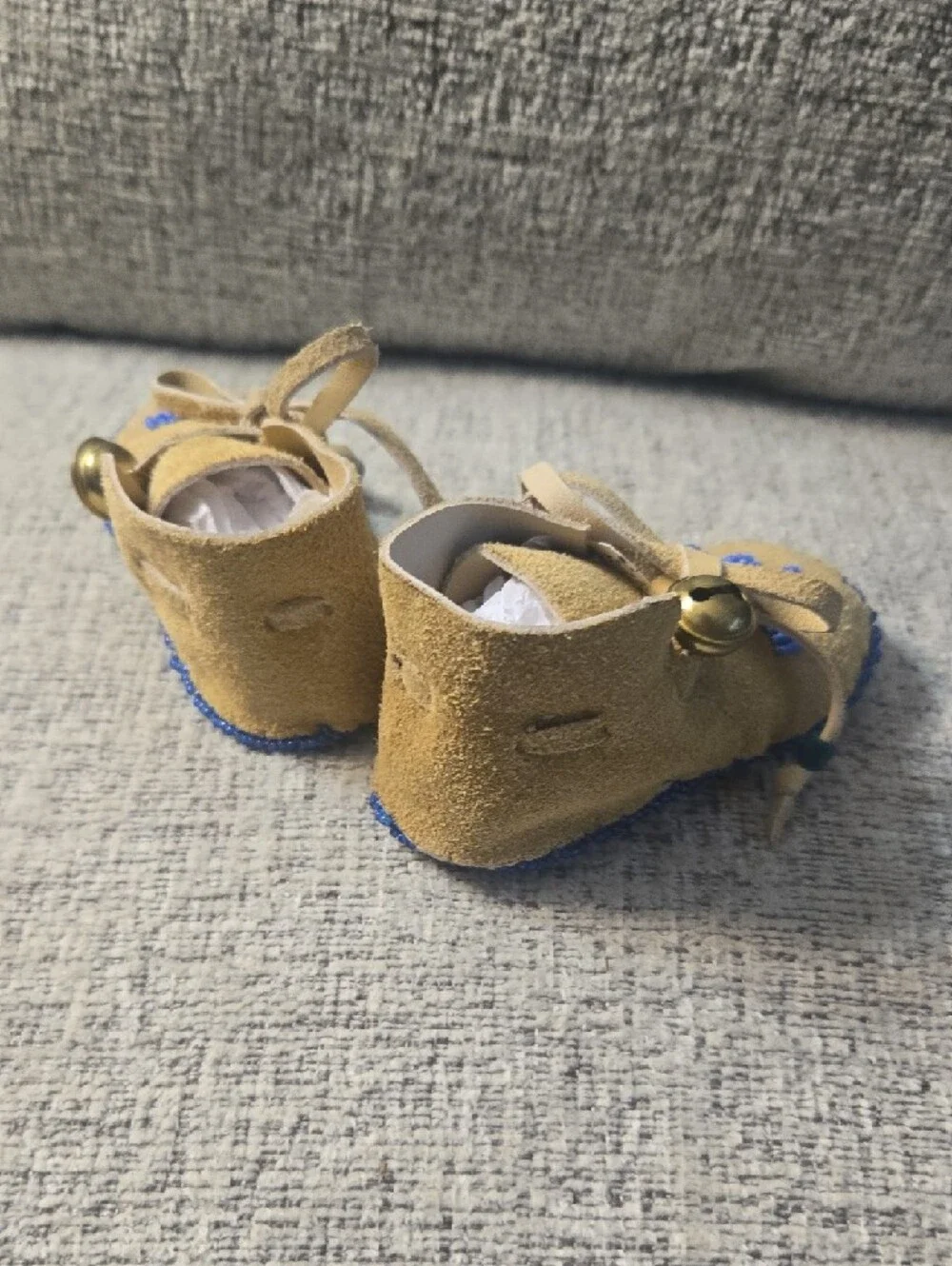 Baby Beaded Moccasins Artisan Handmade Tan with Blue Diamond Accent 4